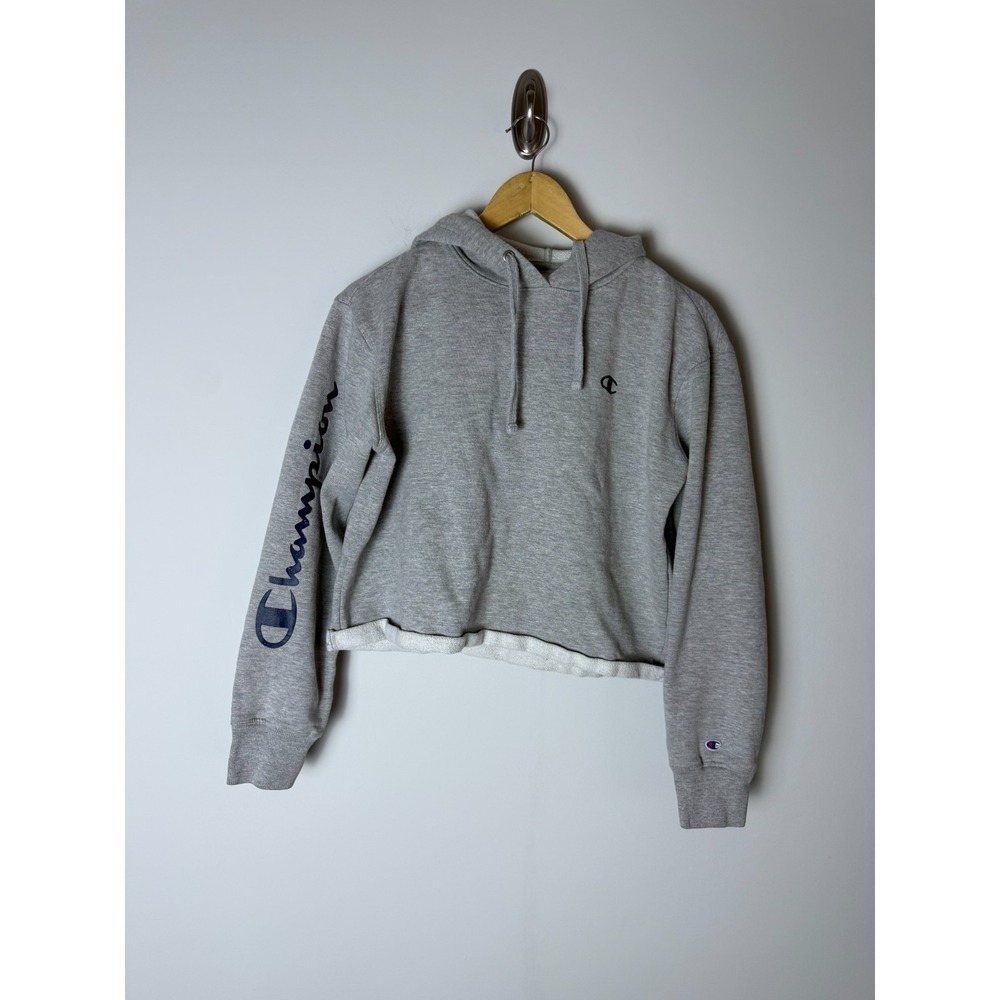 Champion Cropped Hoodie Sweatshirt Womens‎ M Gray Sleeve Spellout Casual
